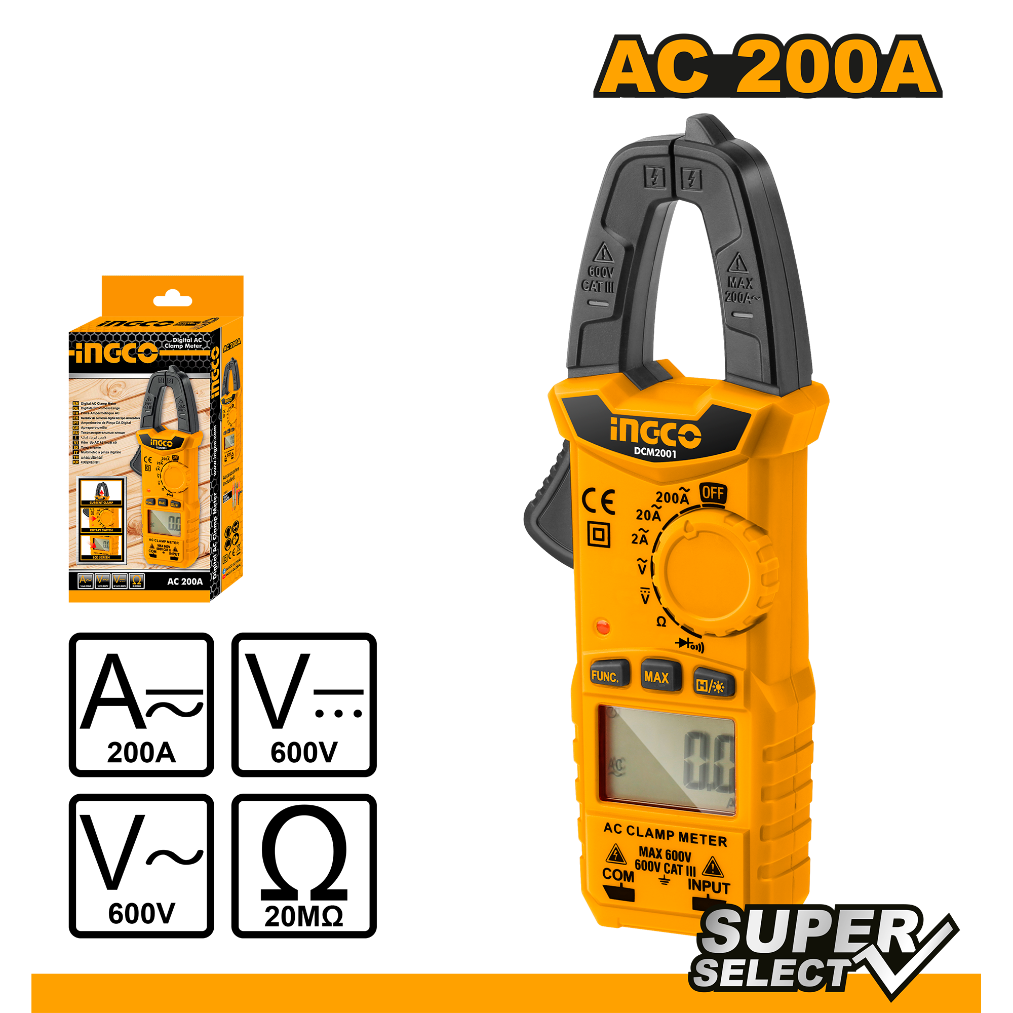 Digital Ac Clamp Meter 2A/20A/200A DCM2001