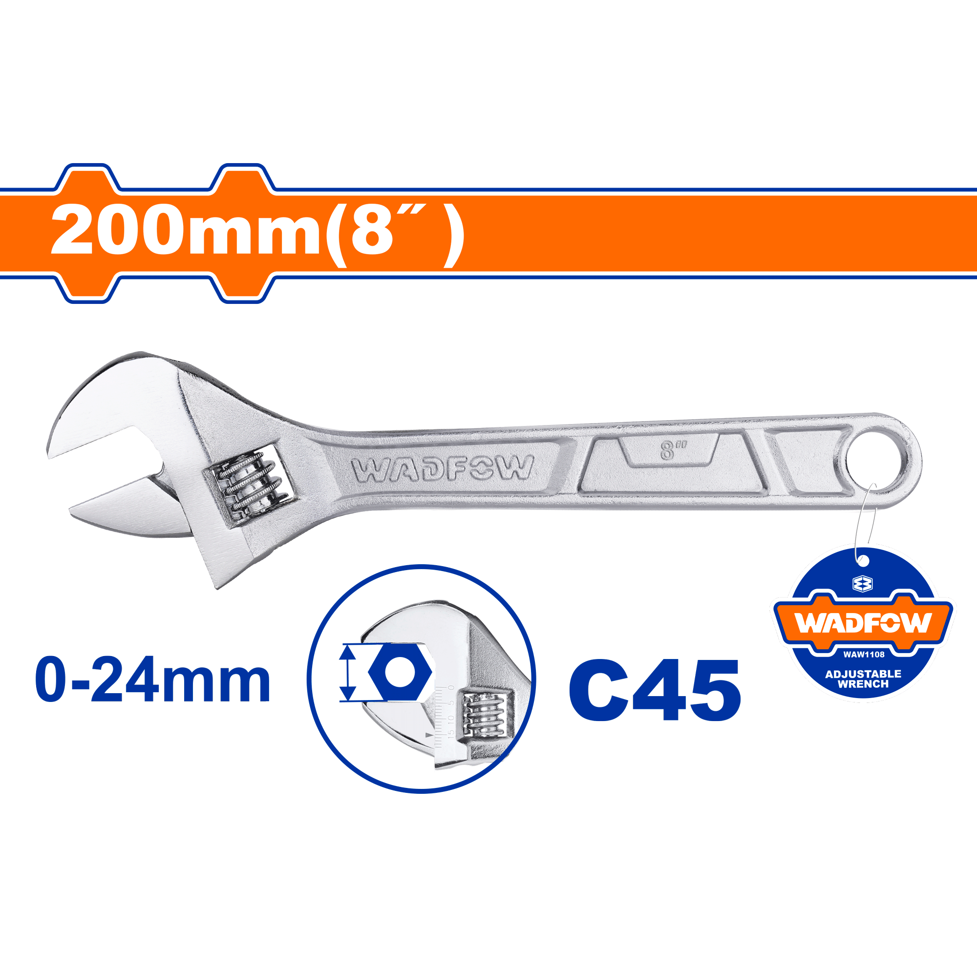 Adjustable wrench Length:200mm(8″)WAW1108