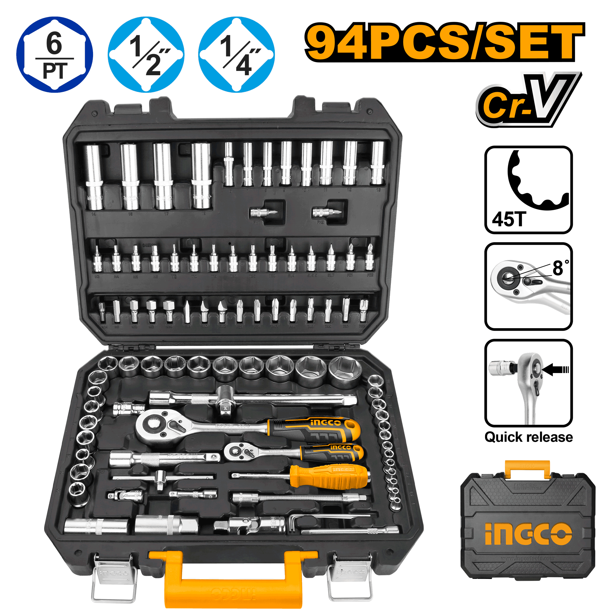 94Pcs 1/4″ And 1/2″ Socket Set  HKTS42941