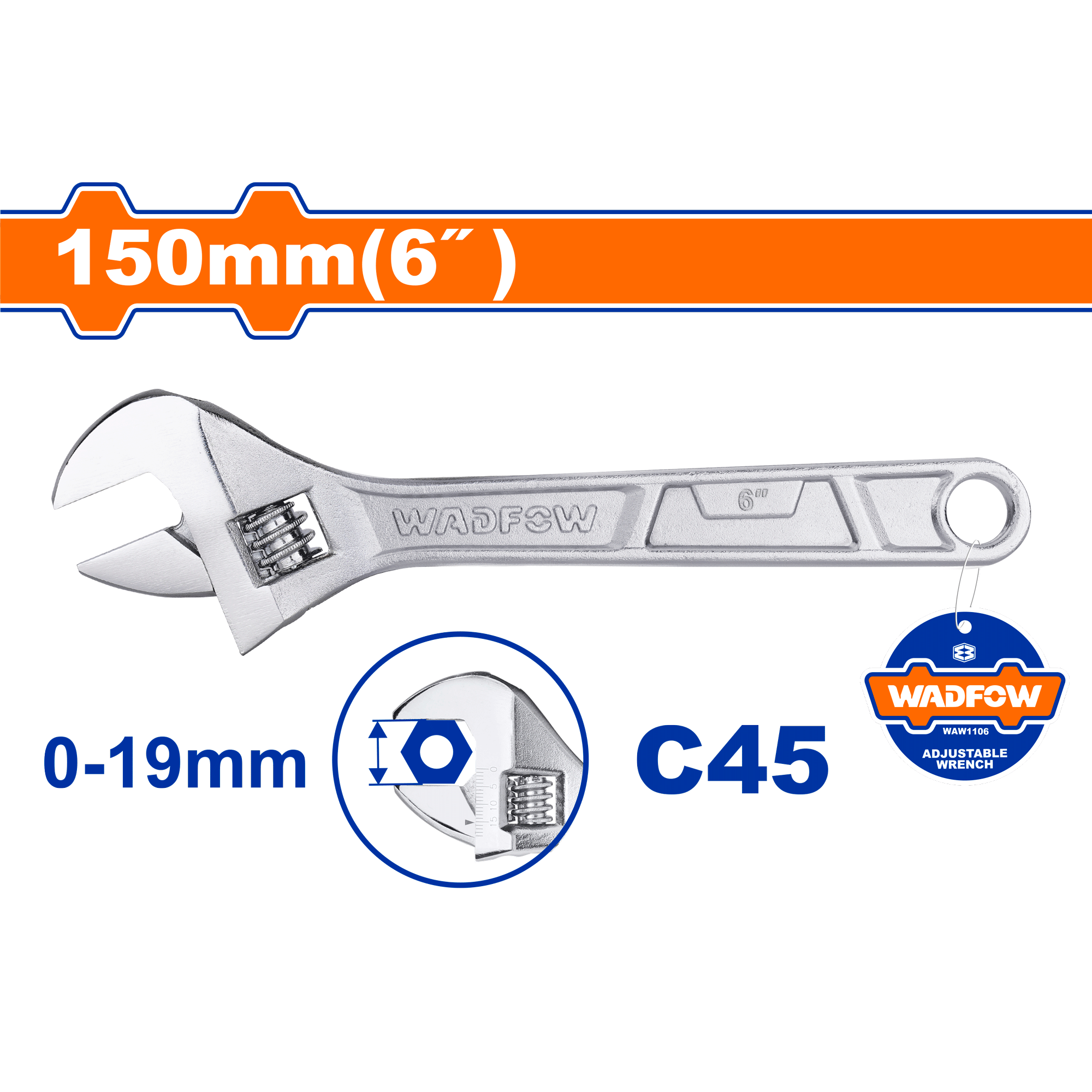 Adjustable wrench Length:150mm(6″)WAW1106