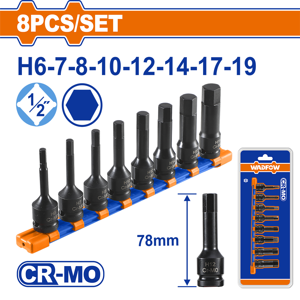 8 Pcs 1/2″Dr. Impact hex bit socket set WMS3408